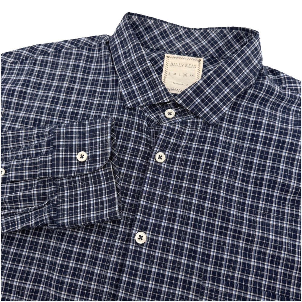 Billy Reid Shirt Mens XL Navy Blue Plaid Standard Cut Long Sleeve Lightweight